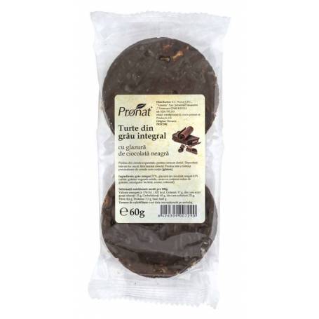 Turte din grau integral cu glazura de ciocolata neagra, 60 g, Pronat