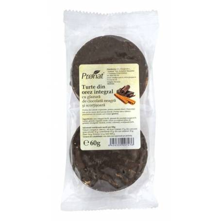Turte din orez integral cu glazura ciocolata neagra si scortisoara, 60 g, Pronat