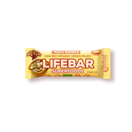 Baton cu fructe, maca si baobab raw eco-bio 47g - Lifebar Plus