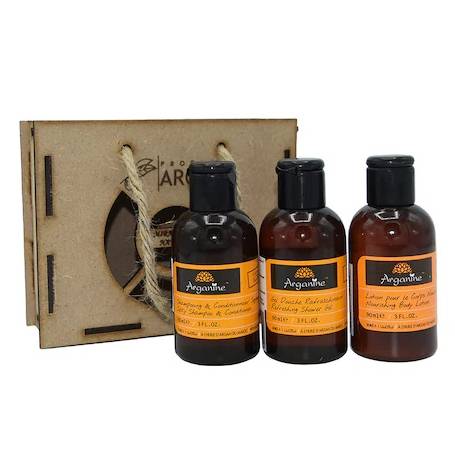 Set cadou rustic, cutie lemn, Sampon cu ulei de argan, Gel de dus cu ulei de argan, Lotiune de corp cu ulei de argan - Argana