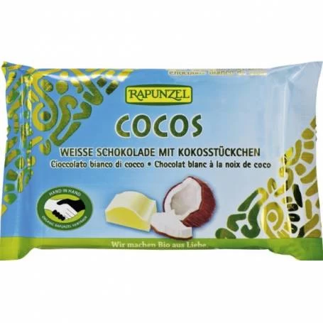 Ciocolata alba Cristallino cu bucatele de cocos, eco-bio, 100g - Rapunzel