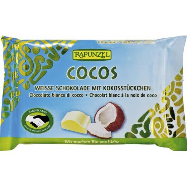 Ciocolata alba cristallino cu bucatele de cocos, eco-bio, 100g - rapunzel