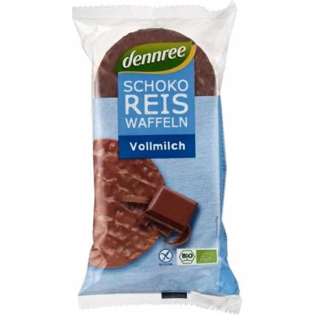 Vafe din orez expandat cu ciocolata si lapte integral, eco-bio, 100g - Dennree