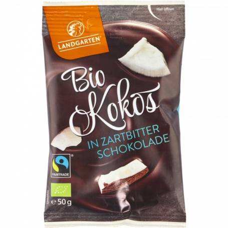 Cocos invelit in ciocolata amaruie, fara gluten, eco-bio, 50g - Landgarten