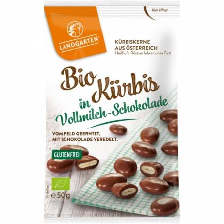 Seminte de dovleac in ciocolata cu lapte, fara gluten, eco-bio, 50g - Landgarten