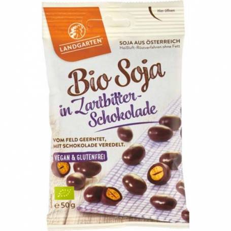 Boabe de soia invelite in ciocolata amaruie, fara gluten, eco-bio, 50g - Landgarten