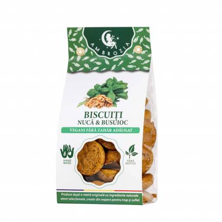 BISCUITI VEGANI CU NUCA SI BUSUIOC, fara zahar – 130g - Hiper Ambrozia