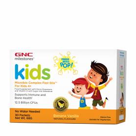 Milestones Kids Microbio Complex Fast Stix, Probiotice pentru Copii 4+ Ani cu Aroma de Vanilie si Banane, 30 Plicuri - GNC