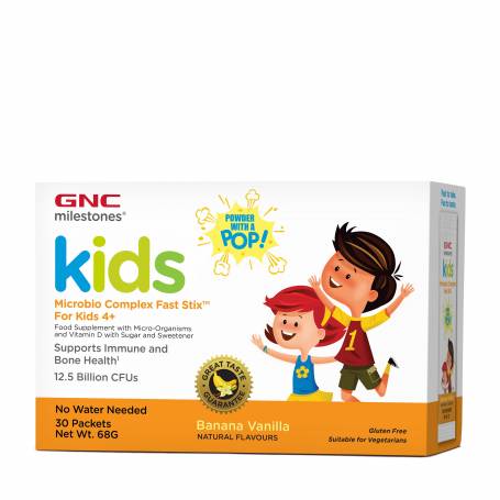 Milestones Kids Microbio Complex Fast Stix, Probiotice pentru Copii 4+ Ani cu Aroma de Vanilie si Banane, 30 Plicuri - GNC