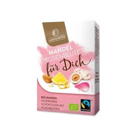 Migdale in ciocolata alba cu petale de trandafir, eco-bio, 90g - Landgarten