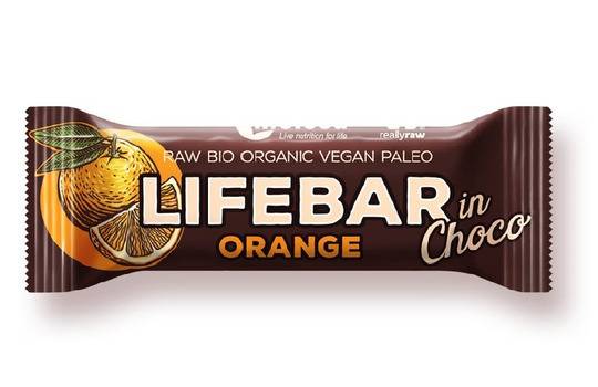 Baton cu portocale in ciocolata raw, fara gluten, eco-bio, 50g - lifebar