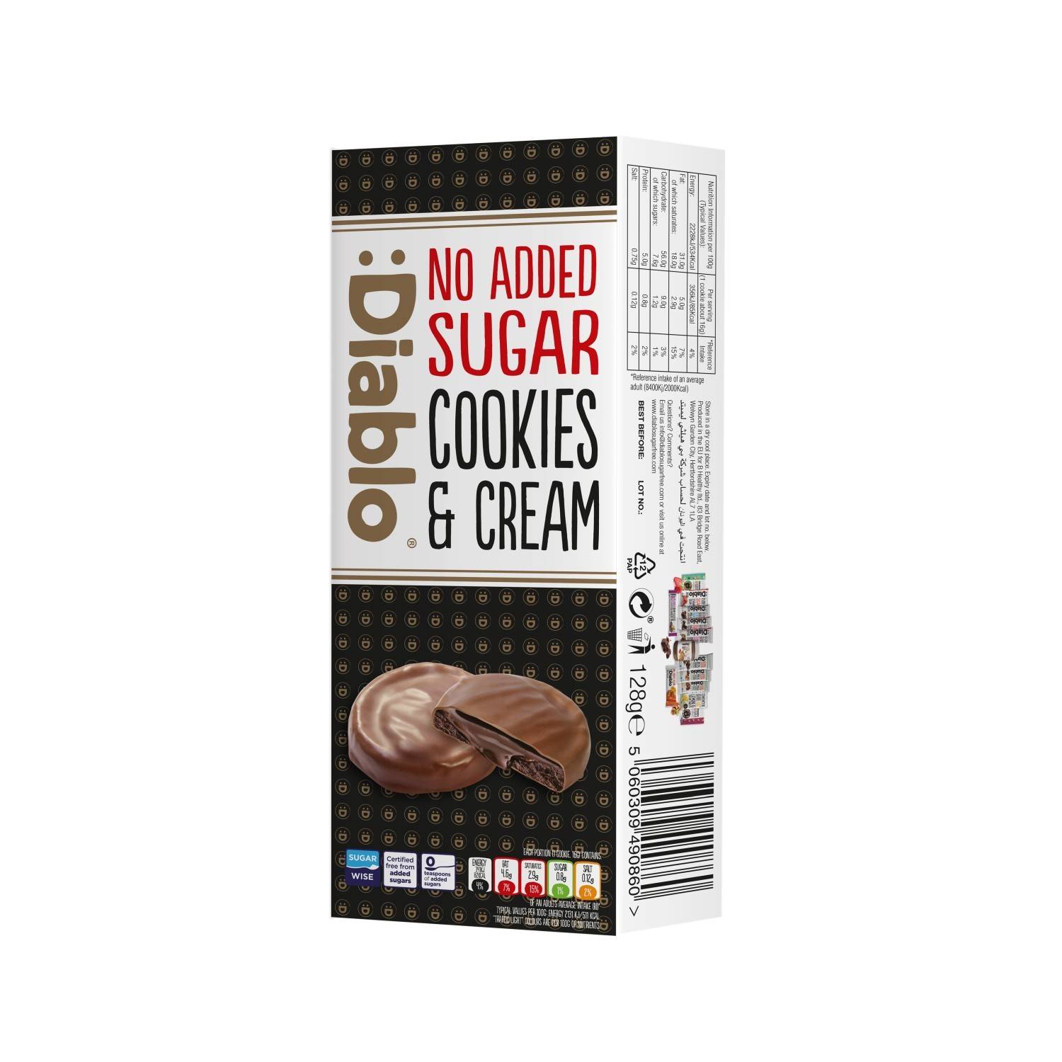 Diablo Sugar Free Biscuiti bruni cu crema brownie, acoperiti cu ciocolata neagra, fara zahar, 128g - diablo