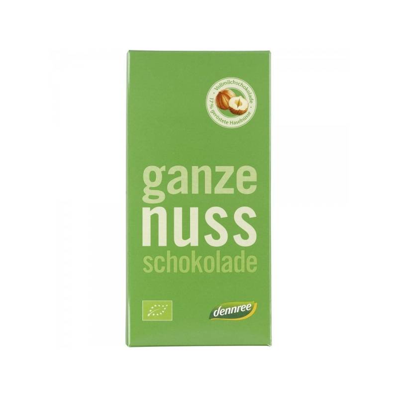 Ciocolata cu lapte si alune intregi, eco-bio, 100g - Dennree