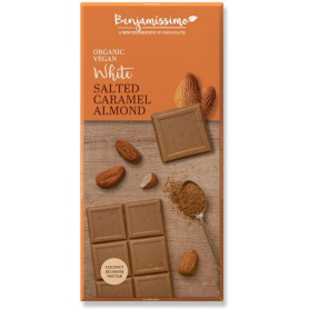 Ciocolata alba cu migdale si caramel sarat, eco-bio, 70g - Benjamissimo