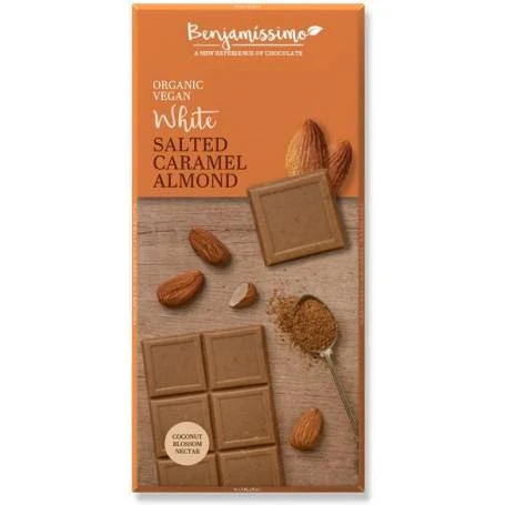 Ciocolata alba cu migdale si caramel sarat, eco-bio, 70g - Benjamissimo