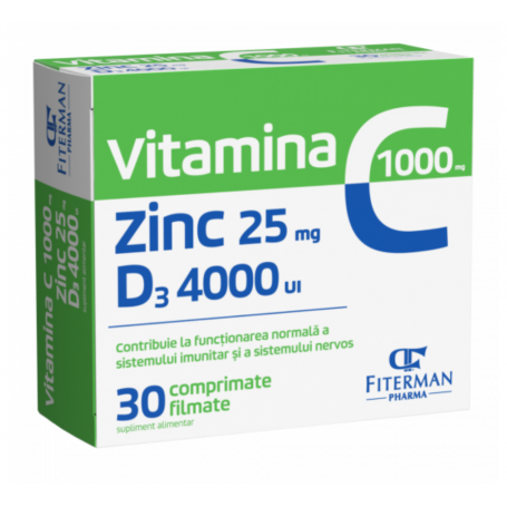 Vitamina C 1000mg, Zinc 25mg si D3 4000UI, 30cpr - Fiterman