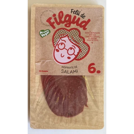Felii de Salami alternativa de mezel vegetal potrivit pentru firele vegane si vegetariene, 90g - Filgud