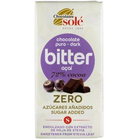 Ciocolata neagra 72% cacao cu acai, indulcita cu stevie 100g - Sole