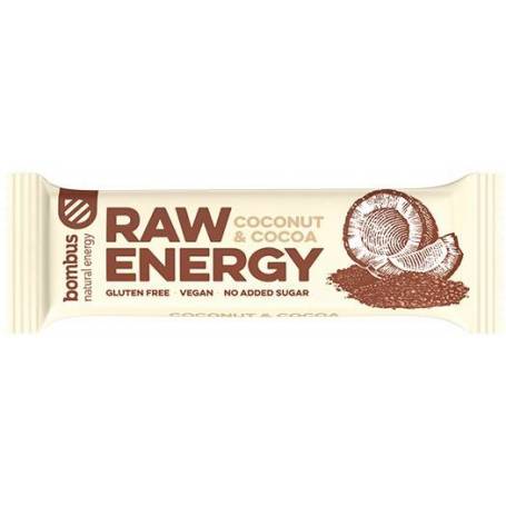 Baton energizant Raw Energy cu nuca de cocos si cacao, 50g Bombus