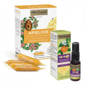 Pachet Apielixir imunitate si stare de bine, 20fiole x 10ml si Spray de gat cu propolis ApiJunior, 20ml - Albina Carpatina