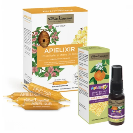 Pachet Apielixir imunitate si stare de bine, 20fiole x 10ml si Spray de gat cu propolis ApiJunior, 20ml - Albina Carpatina