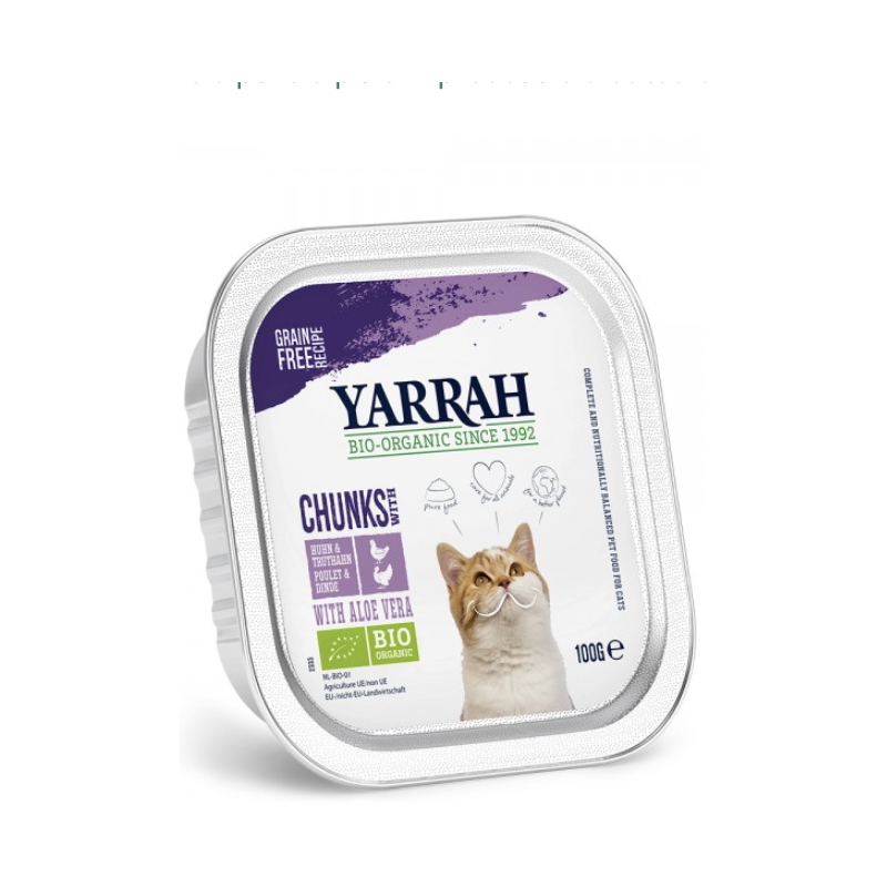 Bucati de hrana bio cu pui si curcan pentru pisici, 100g - Yarrah