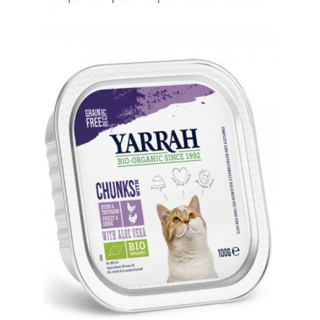 Bucati de hrana bio cu pui si curcan pentru pisici, 100g - Yarrah
