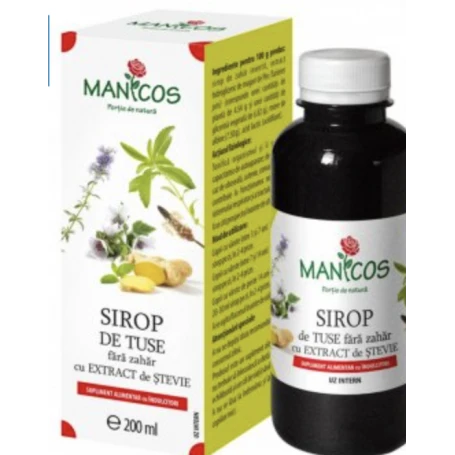 Sirop de tuse fara zahar cu isop, ghimbir si extract de stevie 200ml - Manicos