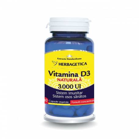 Vitamina D3 naturala 3000 ui, 30, 60 si 120 capsule vegetale, HERBAGETICA 60 capsule
