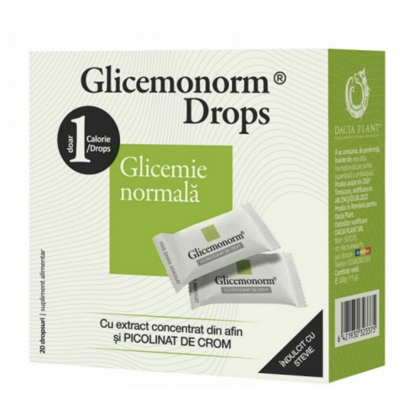 Glicemonorm dropsuri hipoglicemiante indulcite cu stevie, 20buc -