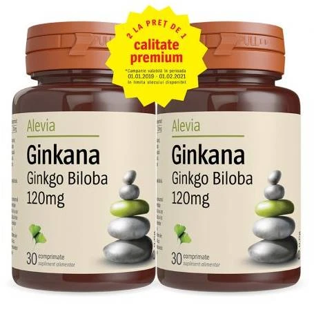 Pachet 1+1 gratis, Ginkana Ginkgo Biloba 120mg, 30+30cpr, Alevia