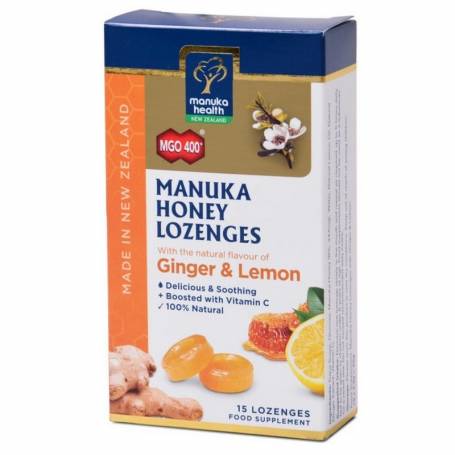 Bomboane cu Miere De Manuka MGO 400, Gimbir si Lamaie 15 buc - 65g, Manuka Health Nz