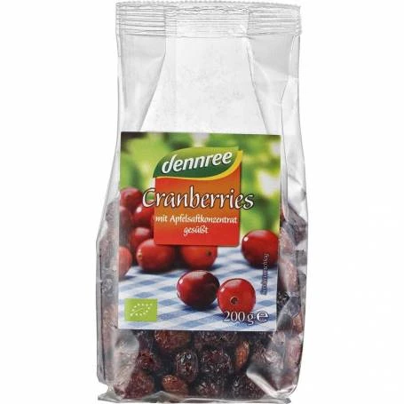 Merisoare confiate cu suc de mere, fara zahar. eco-bio 200g, Dennree