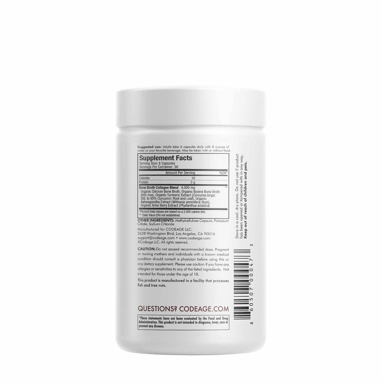 Bone Broth Collagen Peptides, Peptide Din Colagen De Tipul I, II si III din Oase, cu Turmeric si Ashwagandha, 180cps, Codeage - 2 | YEO