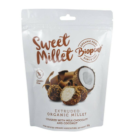 Bilute din mei expandat invelite in ciocolata cu lapte si cocos, fara gluten, eco-bio, 55g, Biopont