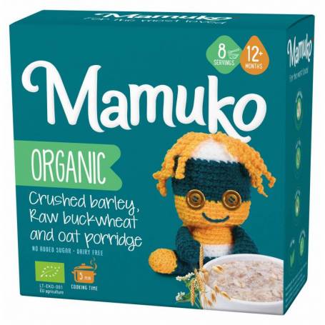 Porridge din 3 cereale cu fulgi de ovaz, hrisca si orz, eco-bio, 12+ luni, 200g Mamuko