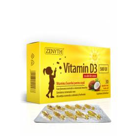 Vitamina D3 500UI - pentru copii - cu ulei de cocos MCT, 30 capsule moi twist-off, Zenyth