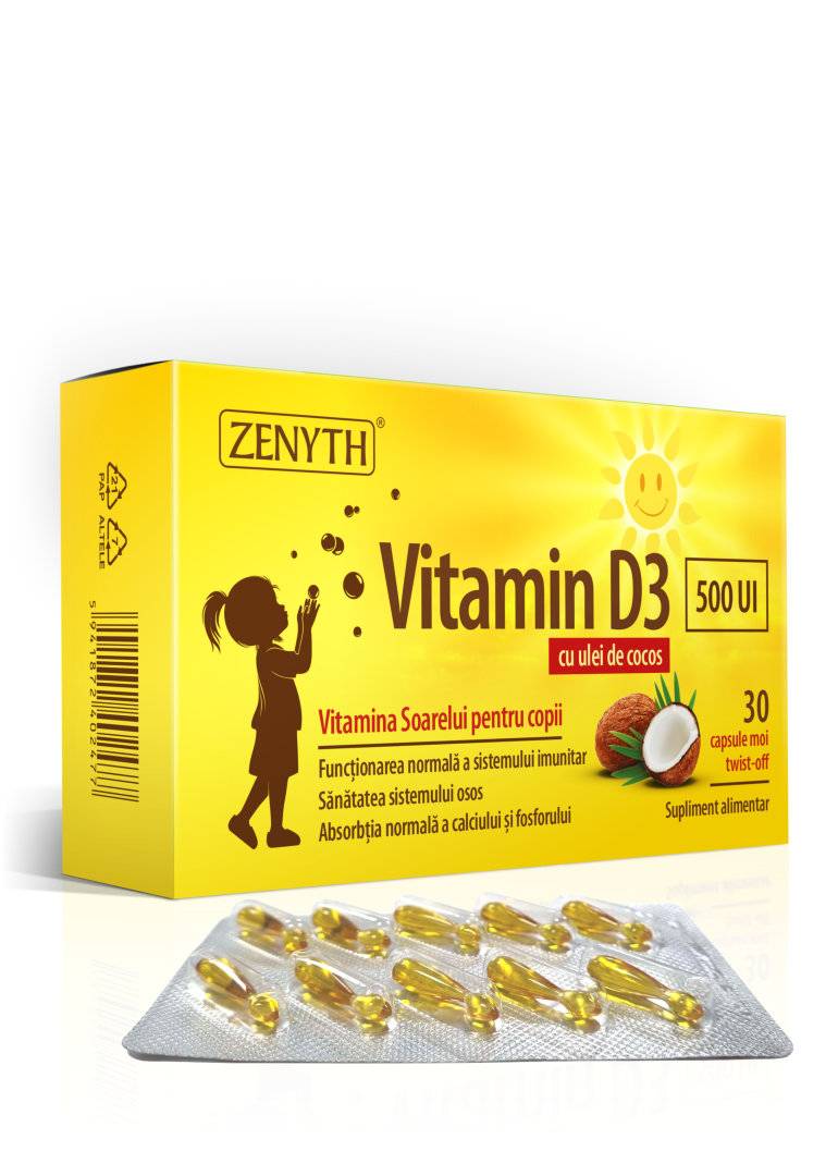 Vitamina D3 500ui - Pentru Copii - Cu Ulei De Cocos Mct, 30 Capsule Moi Twist-off, Zenyth