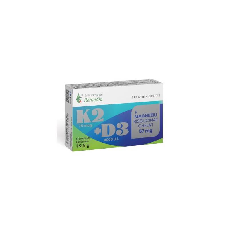 K2 + D3 + MAGNEZIU BISGLICINAT CHELAT 30 Capsule - REMEDIA