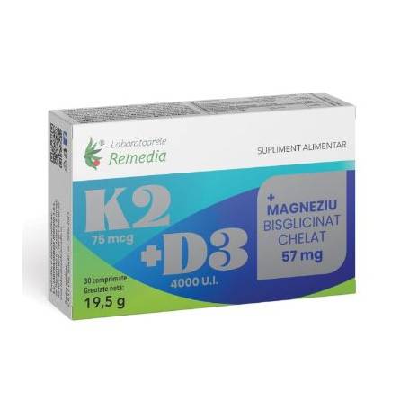 K2 + D3 + MAGNEZIU BISGLICINAT CHELAT 30 Capsule - REMEDIA