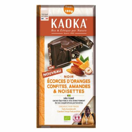 Ciocolata neagra, cu coji de portocale confiate, migdale si alune, 180g - Kaoka