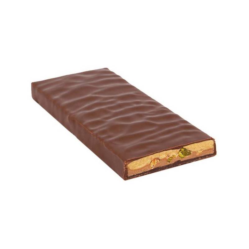 Ciocolata neagra cu lapte 60% cacao umpluta cu nuga alba, fistic si