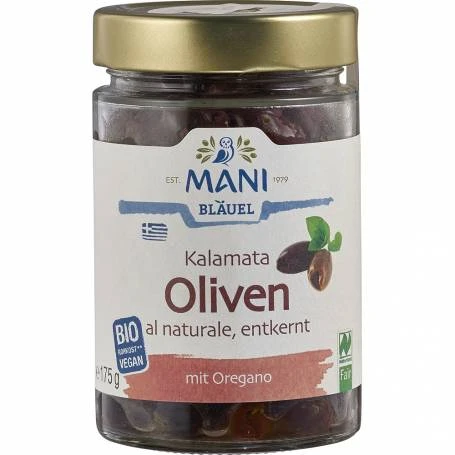 Masline Kalamata fara sâmburi cu oregano, raw vegan, eco-bio, 175 g, Mani