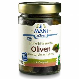 Mix de masline verzi Kalamata cu oregano, eco-bio, 175 g, Mani