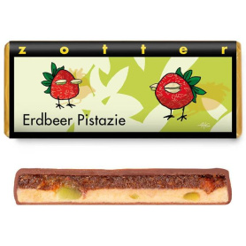 Ciocolata neagra cu lapte umpluta cu martipan de capsuni si nuga de migdale si fistic, 70g - Zotter