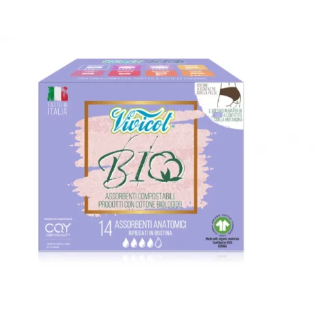 Absorbante de zi din bumbac, eco-bio, hipoalergenic, compostabil, fara aripioare, 4 picaturi, 14 buc,  VIVICOT BIO