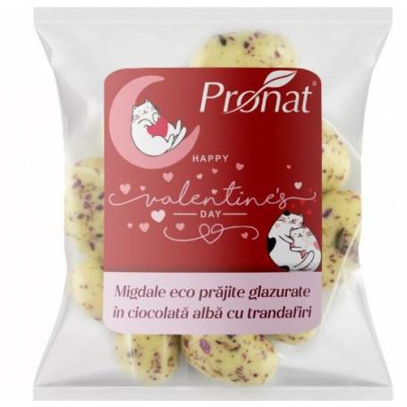 Migdale prajite, glazurate in ciocolata alba cu trandafiri Eco-Bio 50g - Pronat