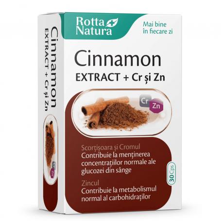 CINNAMON EXTRACT  + CROM + ZINC, contribuie la mentinerea concentratiei normale de glucoza din sange, 90 cps, ROTTA NATURA