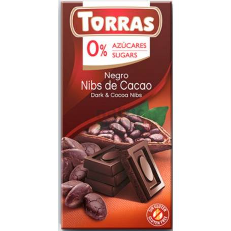 CIOCOLATA NEAGRA Cu BUCATI CACAO, Fara zahar si Gluten 75G - TORRAS