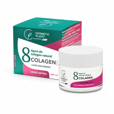 Crema antirid de zi SPF 15 COLAGEN Plus cu 8 tipuri de colagen natural, acid hialuronic si aloe vera, 50 ml, Cosmetic Plant